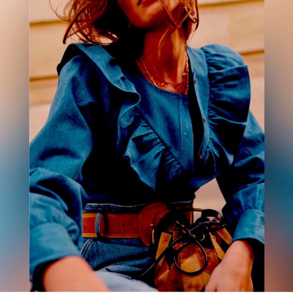 Sezane Blue Ruffled Blouse
